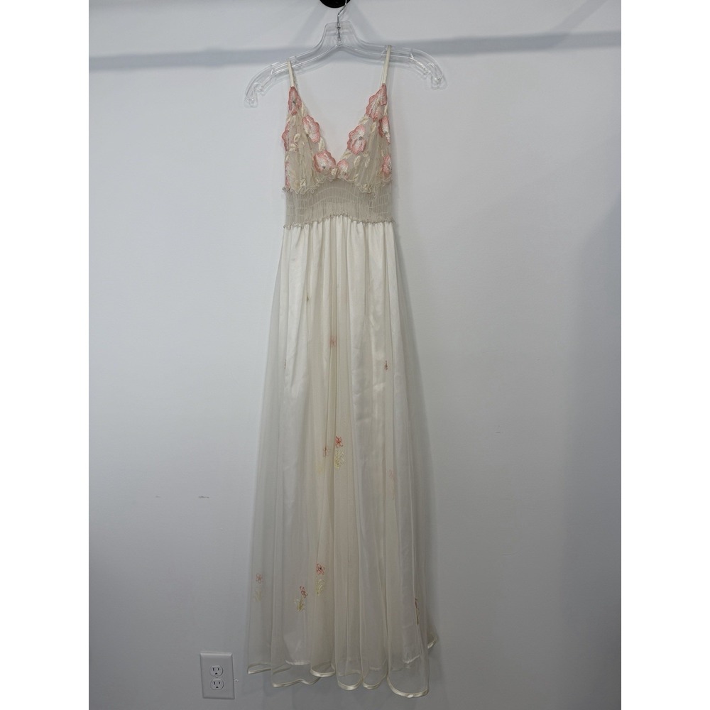 Vintage Floral Embroidered Sheer Maxi Nightgown S Lingerie Slip Dress Romantic